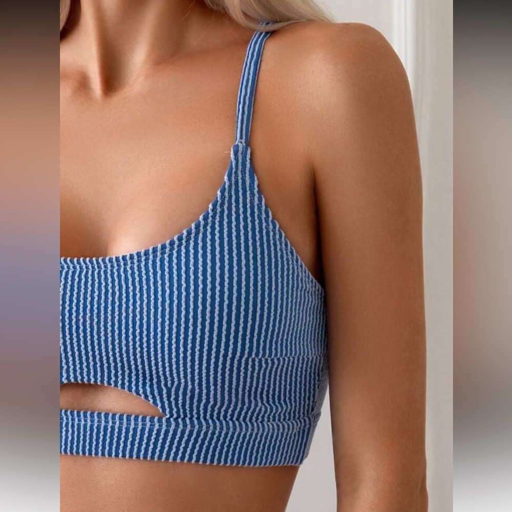 NWT SHEIN Ribbed Blue & White Cutout High-Waist Bikini Set - Size Medium - Picture 7 of 8